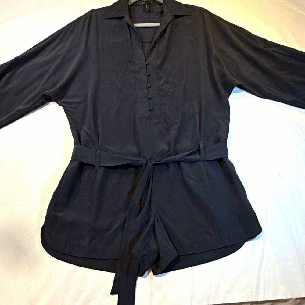 BCBGMAXAZRIA Black Silk 3/4 Sleeve Button Front Belted Collared Romper S party